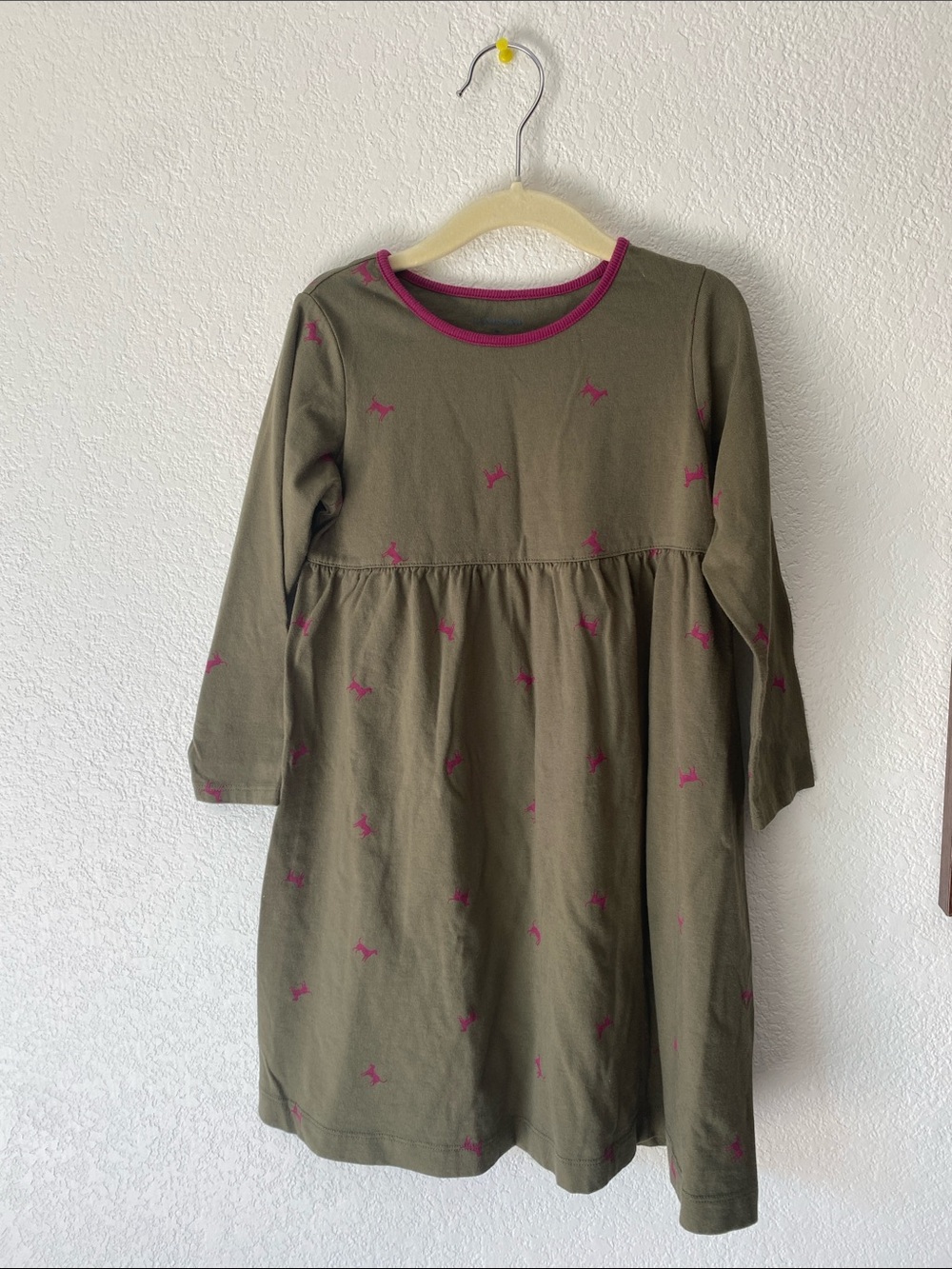 Toddler Olive Green Long Sleeve Dress with Dog Print